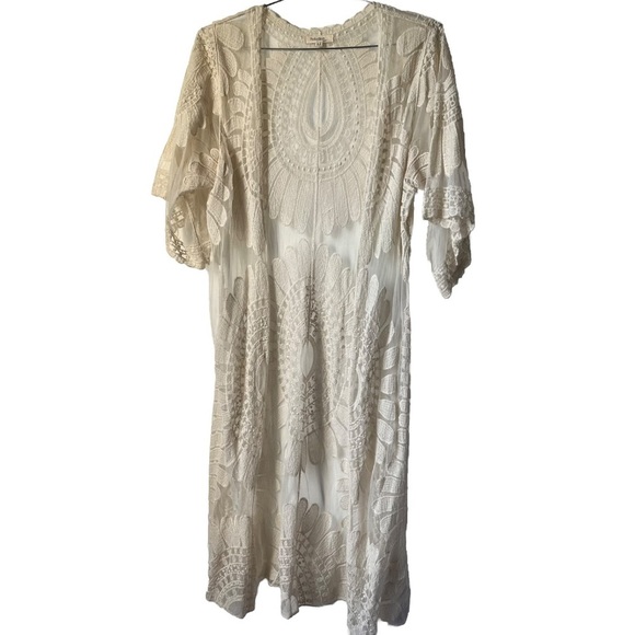 Rebellion Again Medium Duster Cover Up Ivory Lacy Beach Romantic Short Sleeve - Picture 1 of 10